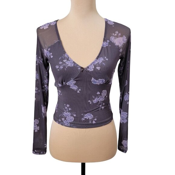 Pink Rose Size S Gray Floral Mesh Top, Long Sleeve, Lined Bodice, NEW with Tag - Picture 1 of 11